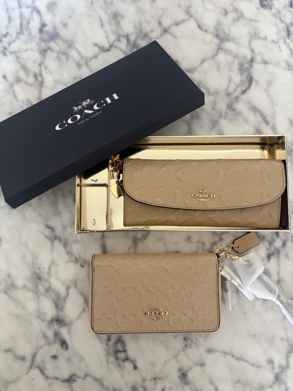 Coach Beige Signature Embossed Wallet & Card Case Set